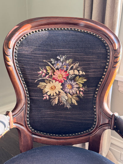 19th Century French Victorian Carved Wood & Floral Needlepoint Armchair