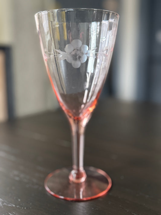 pink glass with floral etching