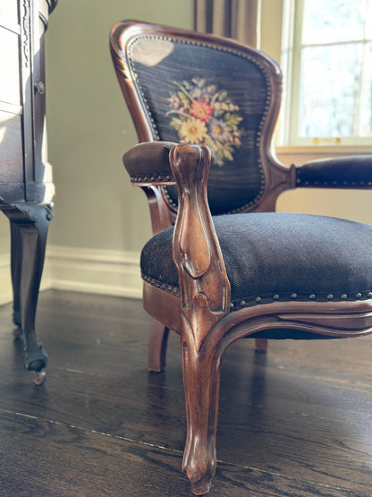 19th Century French Victorian Carved Wood & Floral Needlepoint Armchair